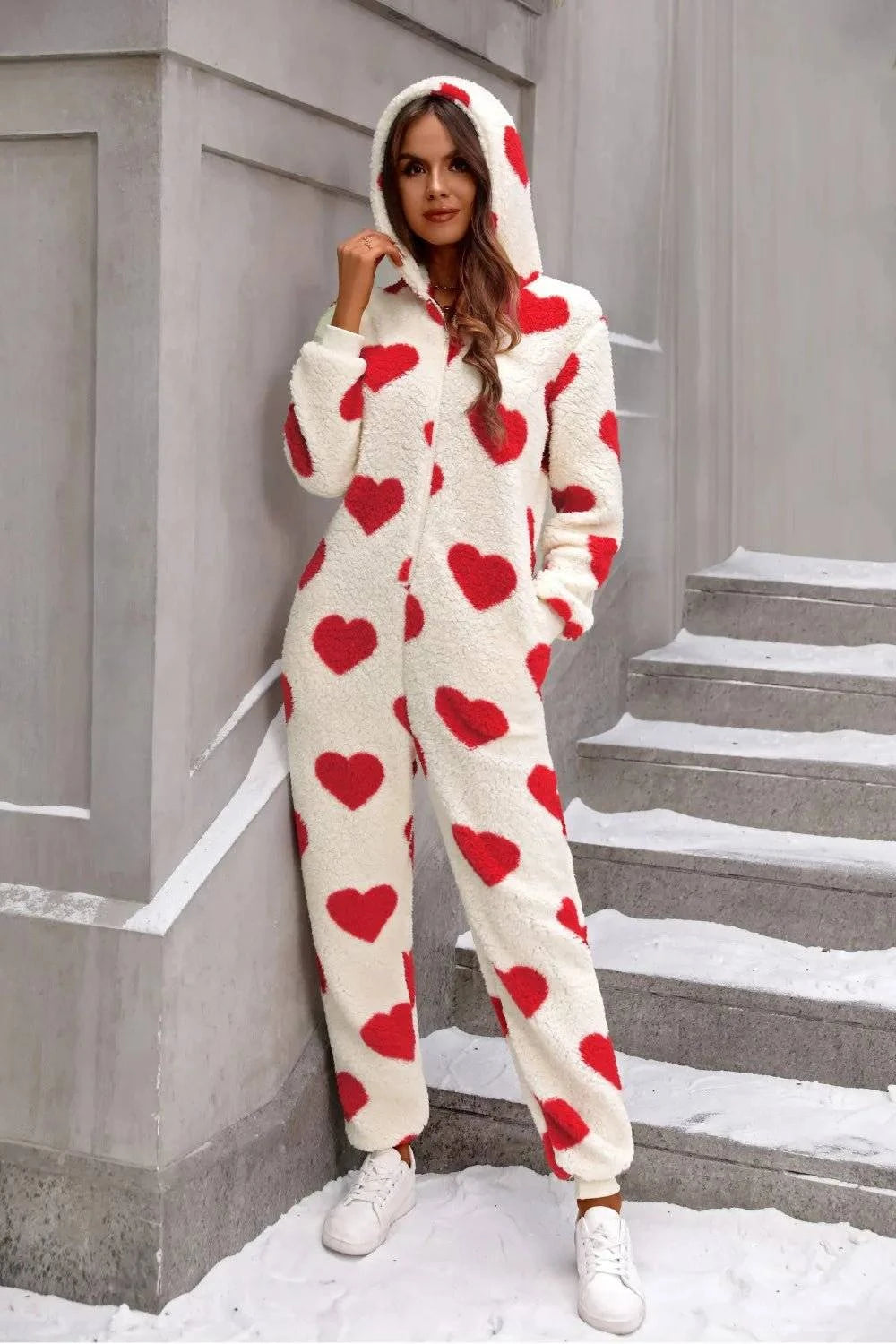 Fuzzy Heart Zip Up Hooded Lounge Jumpsuit - Rosey's Creations