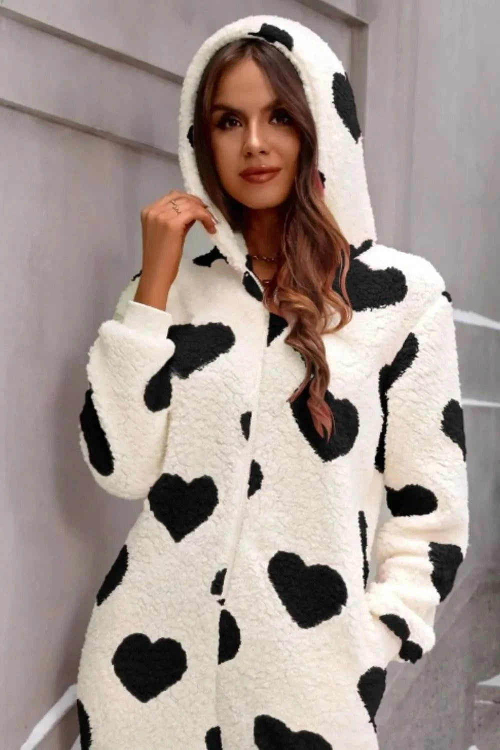 Fuzzy Heart Zip Up Hooded Lounge Jumpsuit - Rosey's Creations