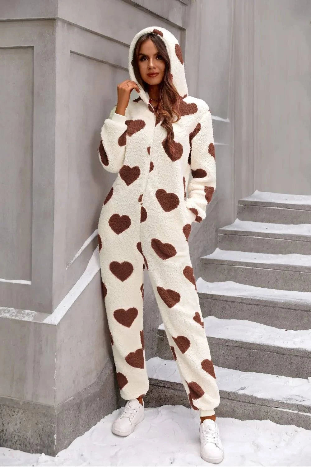 Fuzzy Heart Zip Up Hooded Lounge Jumpsuit - Rosey's Creations