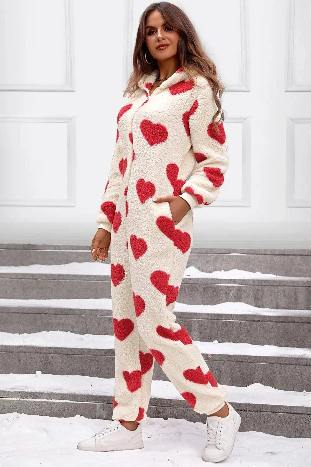 Fuzzy Heart Zip Up Hooded Lounge Jumpsuit - Rosey's Creations