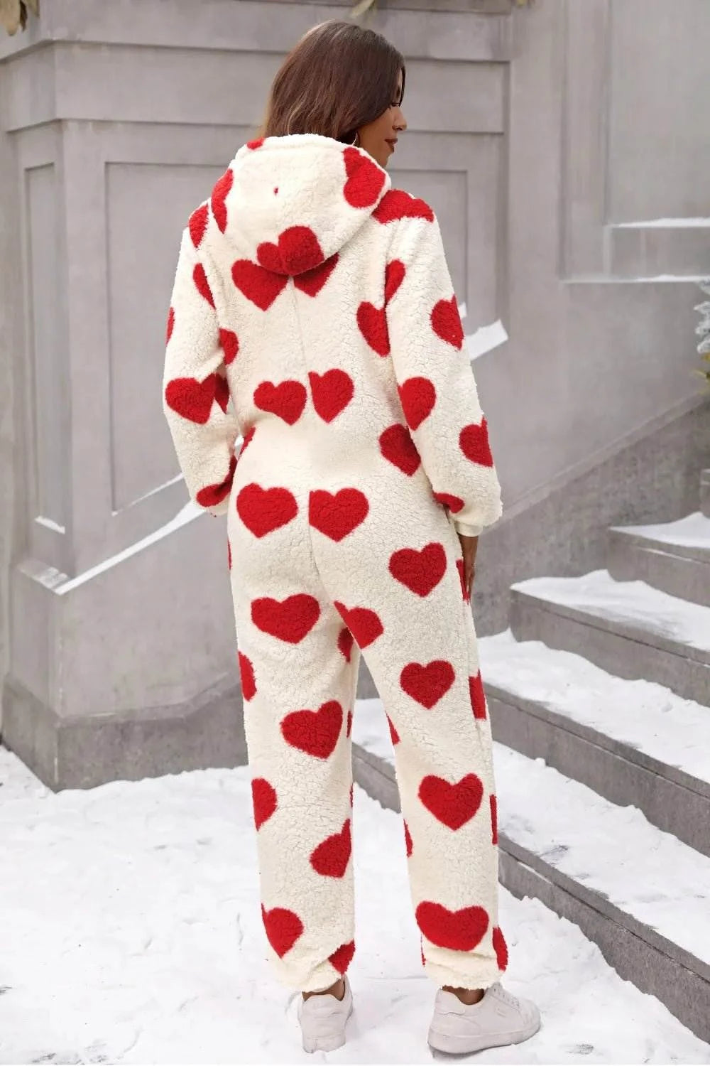 Fuzzy Heart Zip Up Hooded Lounge Jumpsuit - Rosey's Creations
