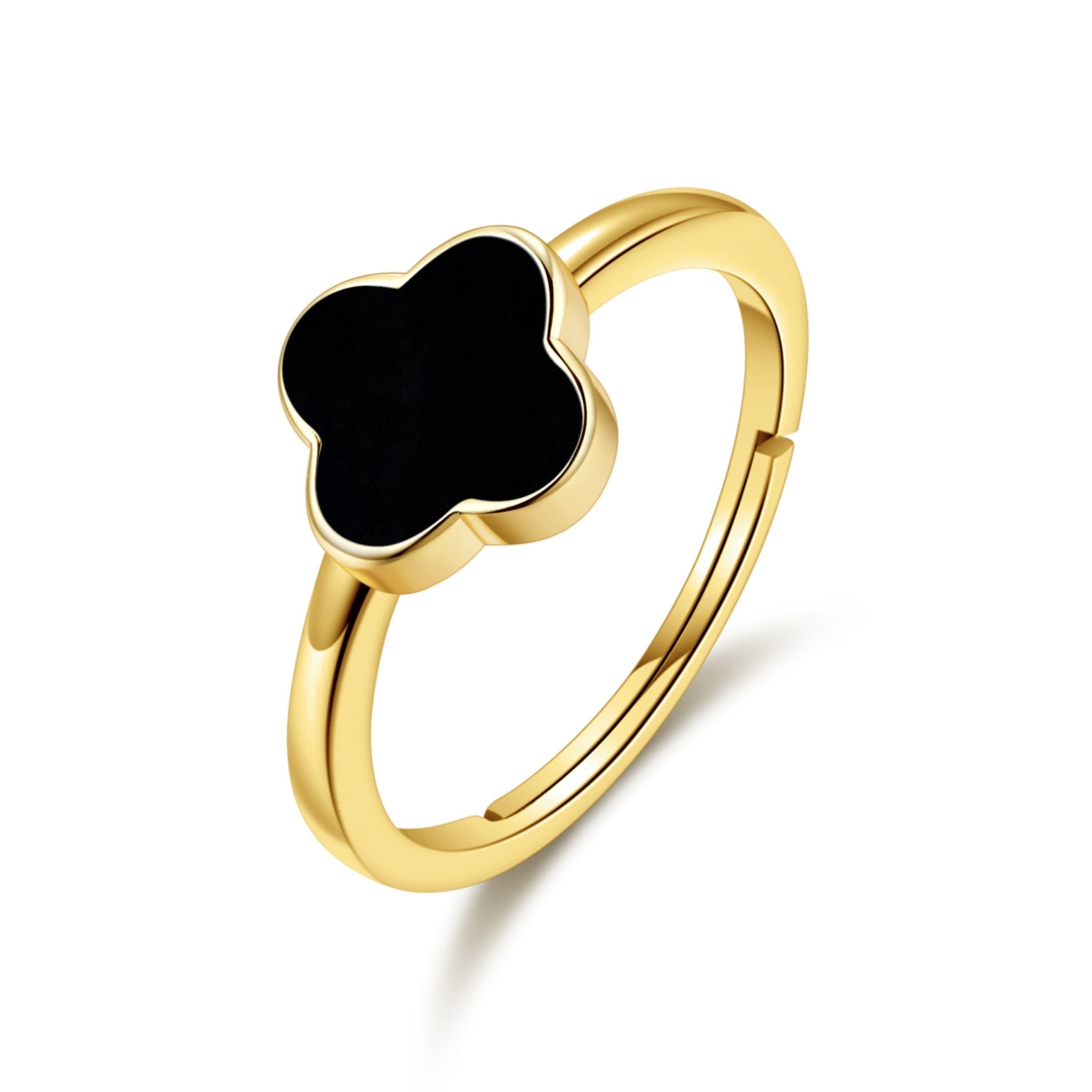 Gold Plated Black Onyx Gemstone Adjustable Clover Ring Philip Jones Jewellery