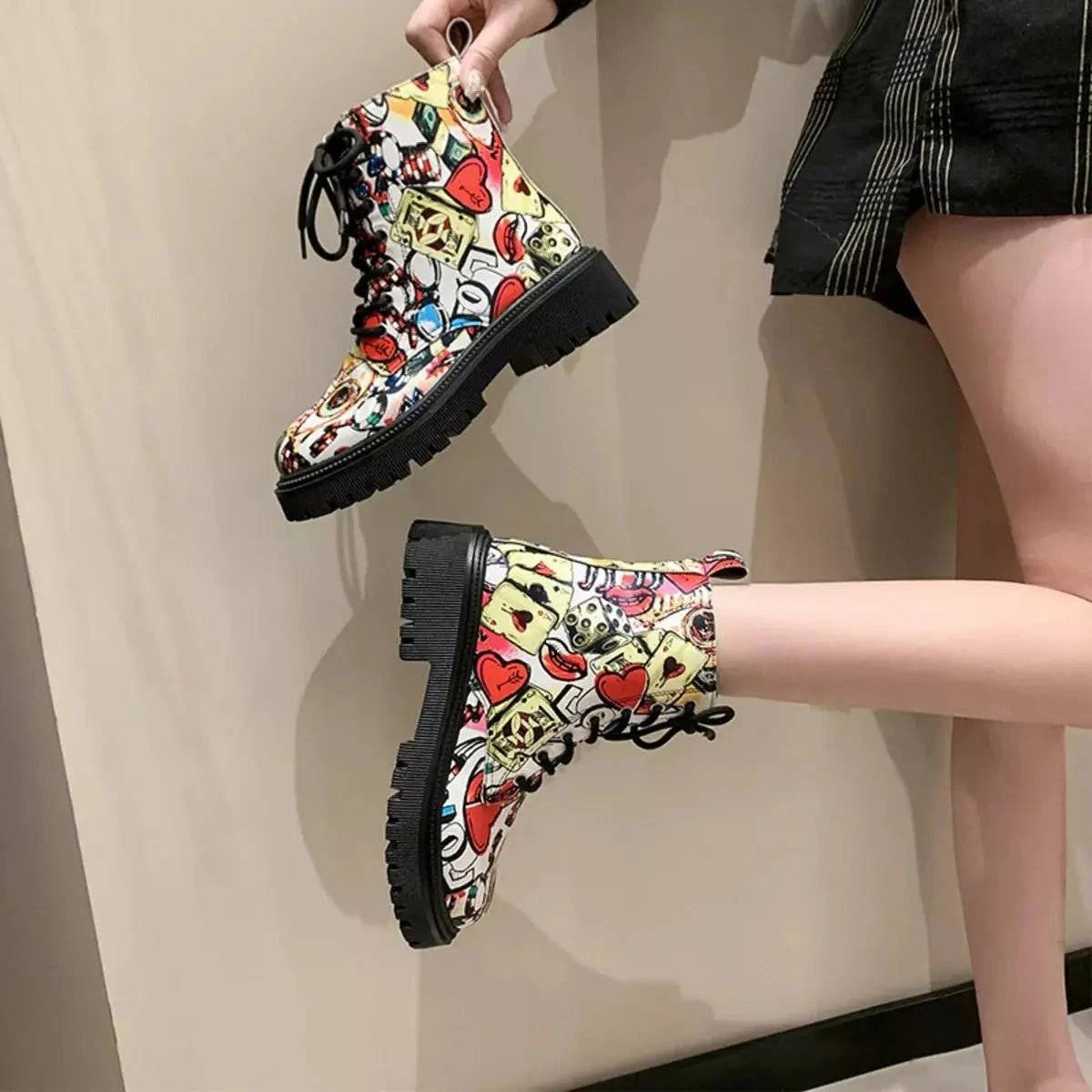 Graffiti Print Combat Boots with Colorful Street Art Design - Rosey's Creations