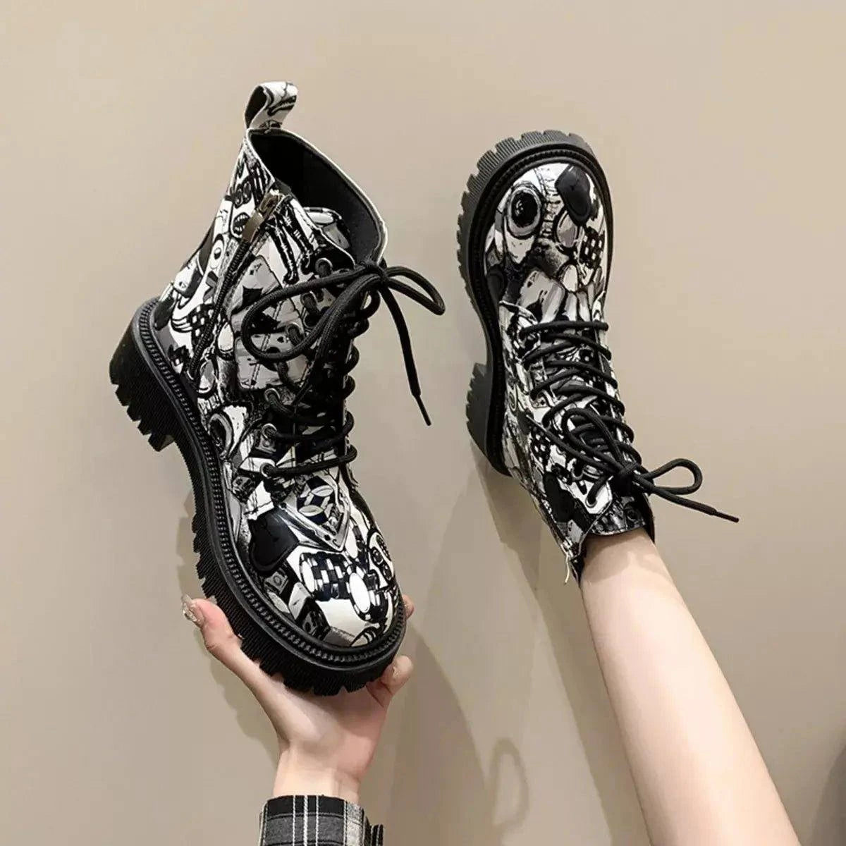Graffiti Print Combat Boots with Colorful Street Art Design - Rosey's Creations