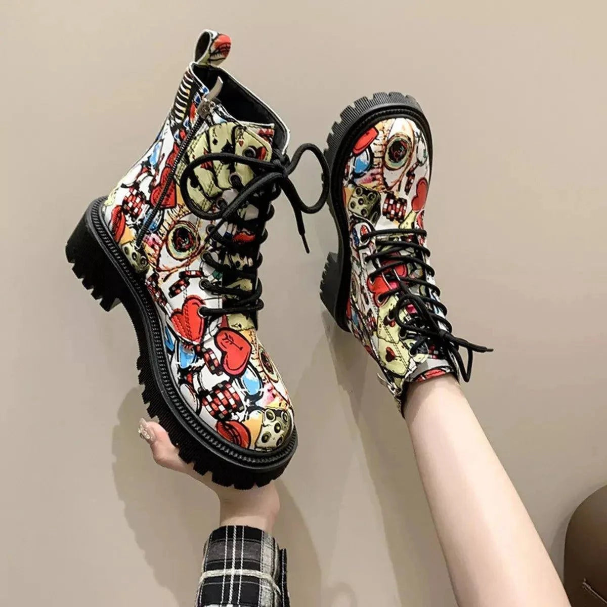 Graffiti Print Combat Boots with Colorful Street Art Design - Rosey's Creations