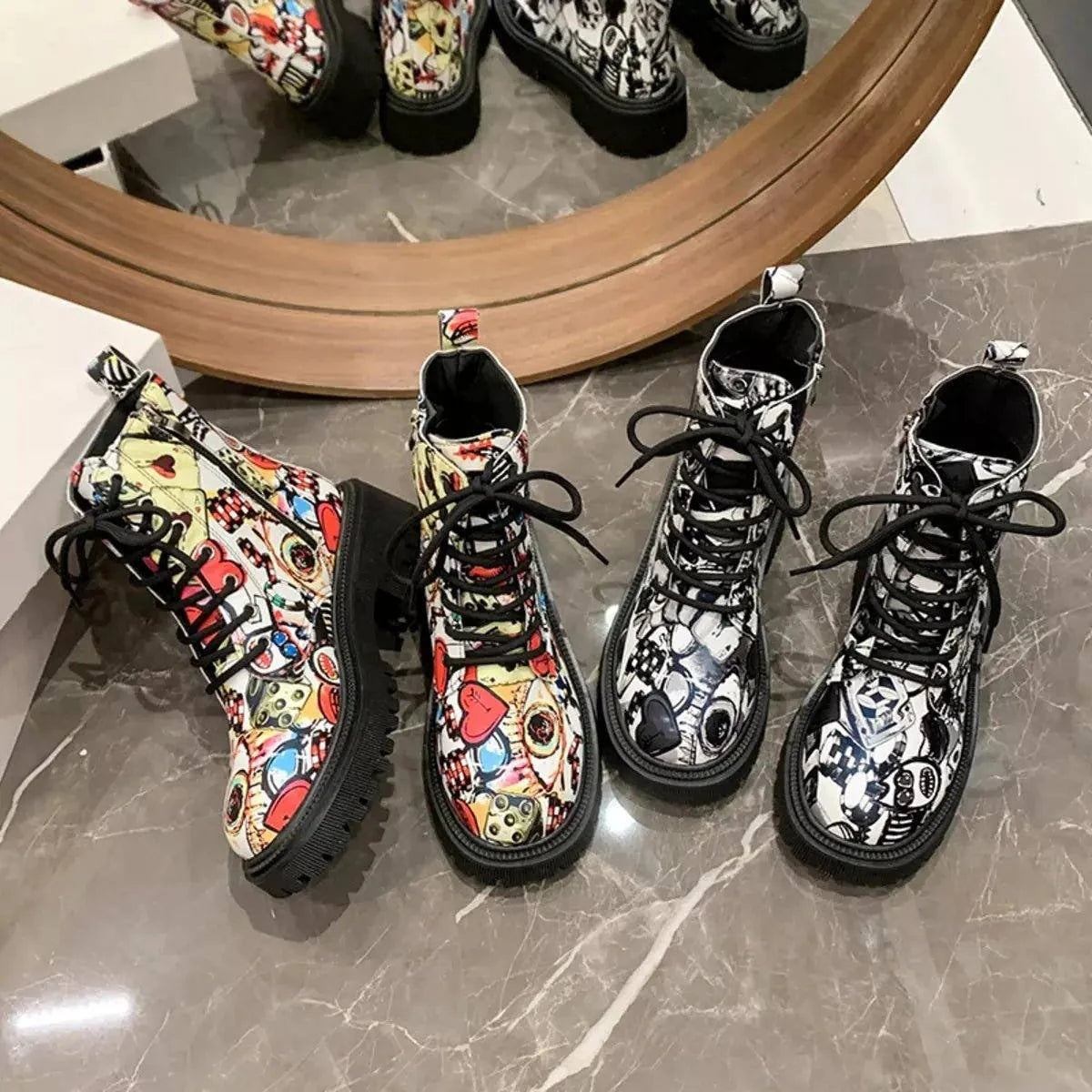 Graffiti Print Combat Boots with Colorful Street Art Design - Rosey's Creations