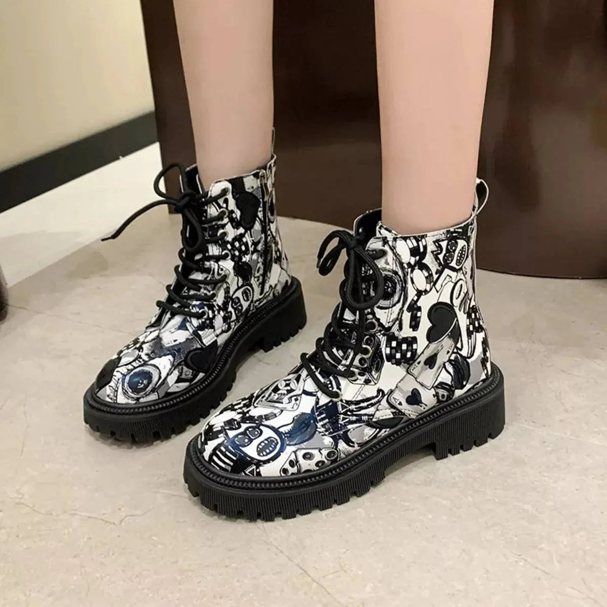 Graffiti Print Combat Boots with Colorful Street Art Design - Rosey's Creations