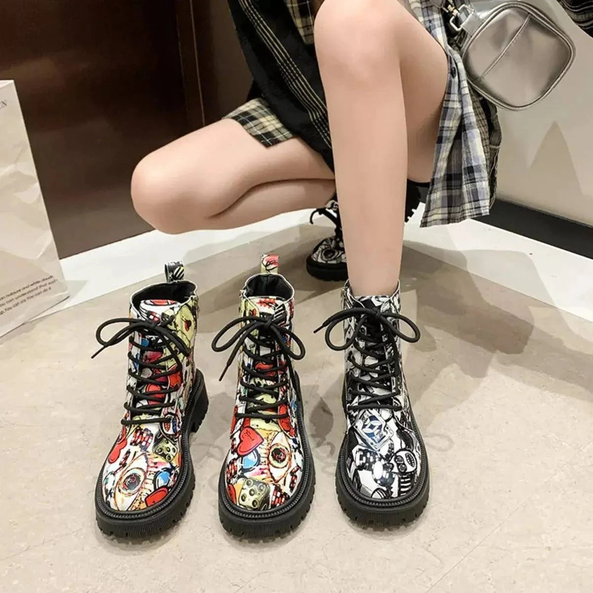 Graffiti Print Combat Boots with Colorful Street Art Design - Rosey's Creations