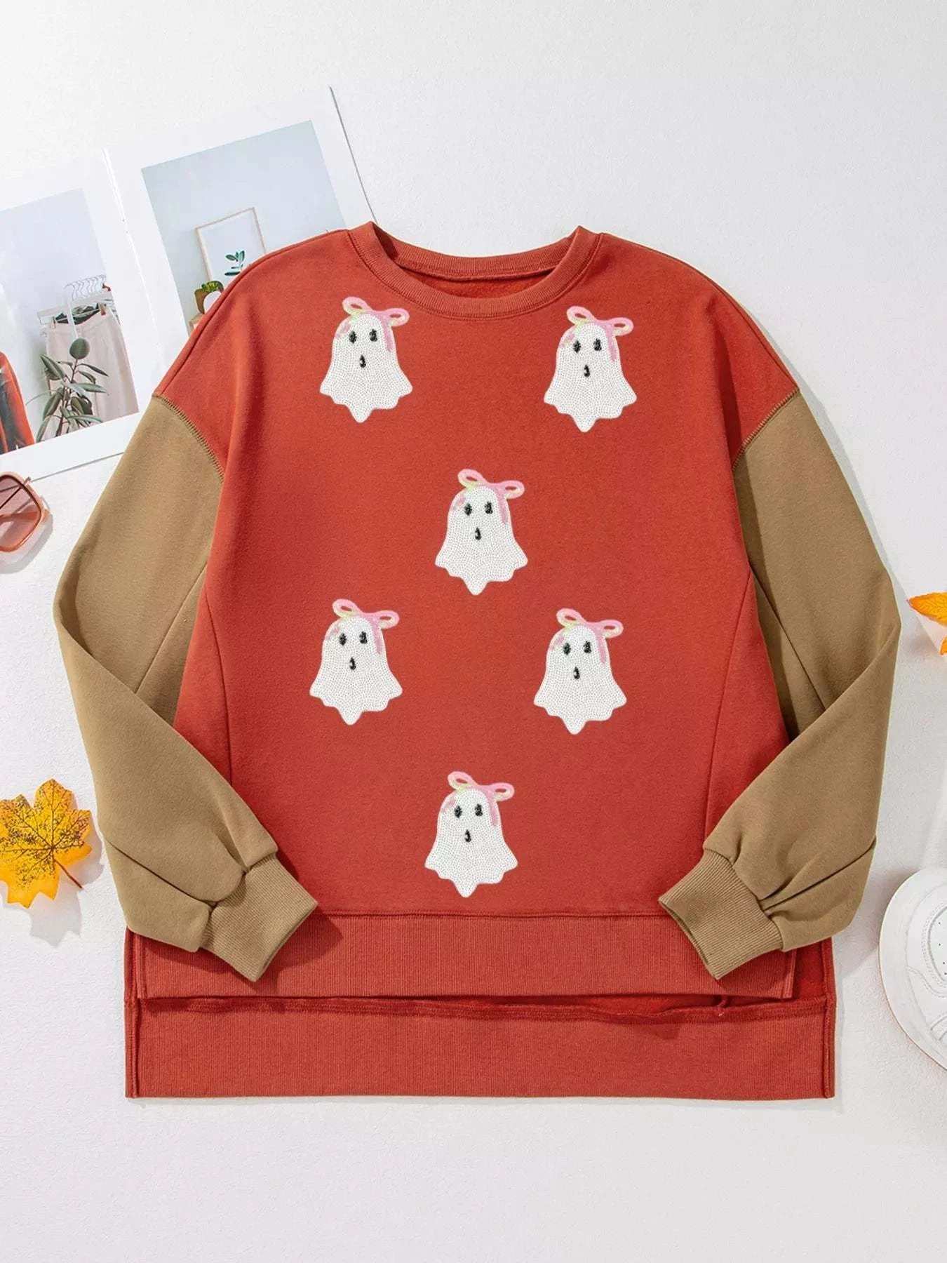 Halloween Glitter Ghost Patched Pattern Color Block Sweatshirt - Rosey's Creations