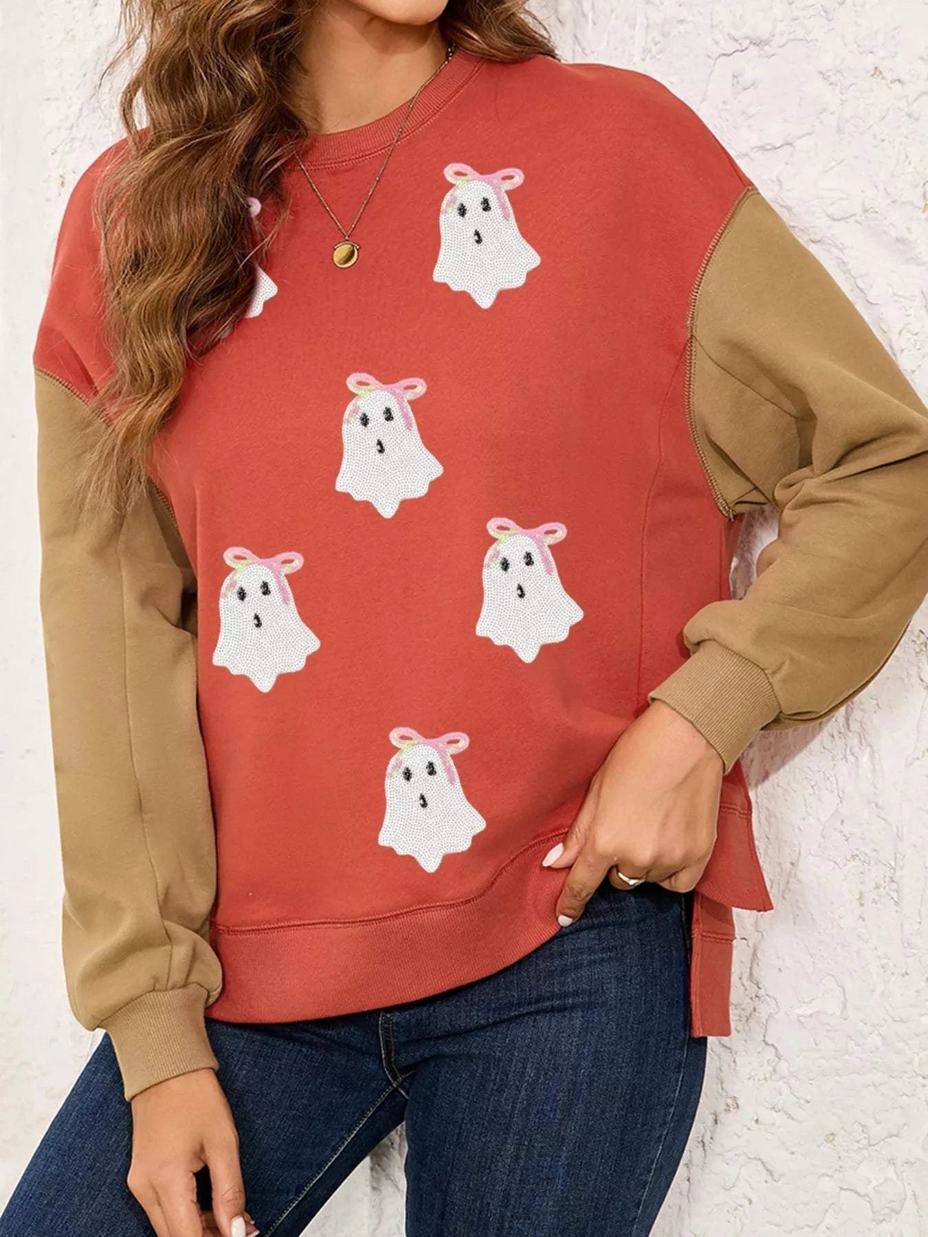Halloween Glitter Ghost Patched Pattern Color Block Sweatshirt - Rosey's Creations