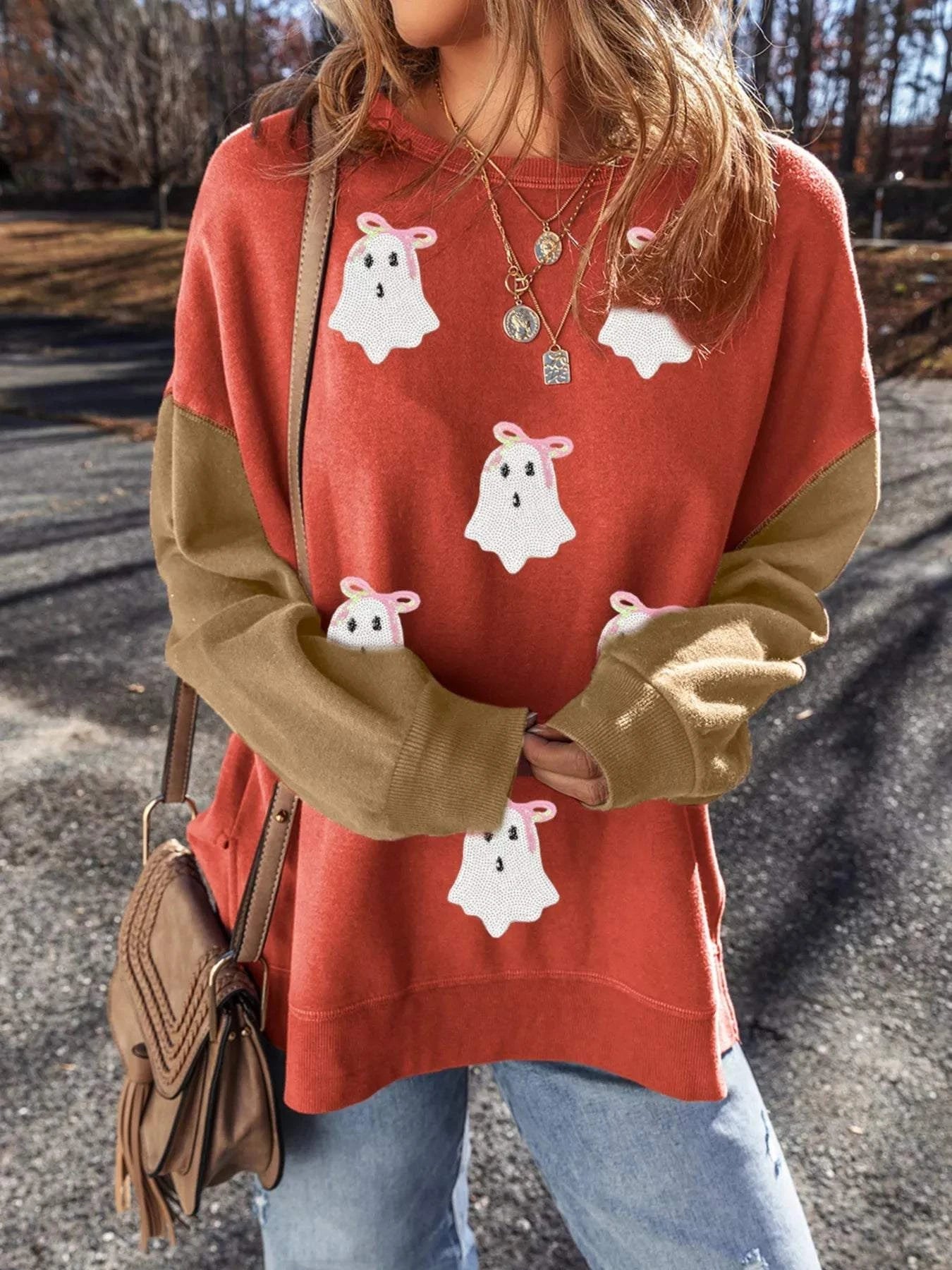 Halloween Glitter Ghost Patched Pattern Color Block Sweatshirt - Rosey's Creations