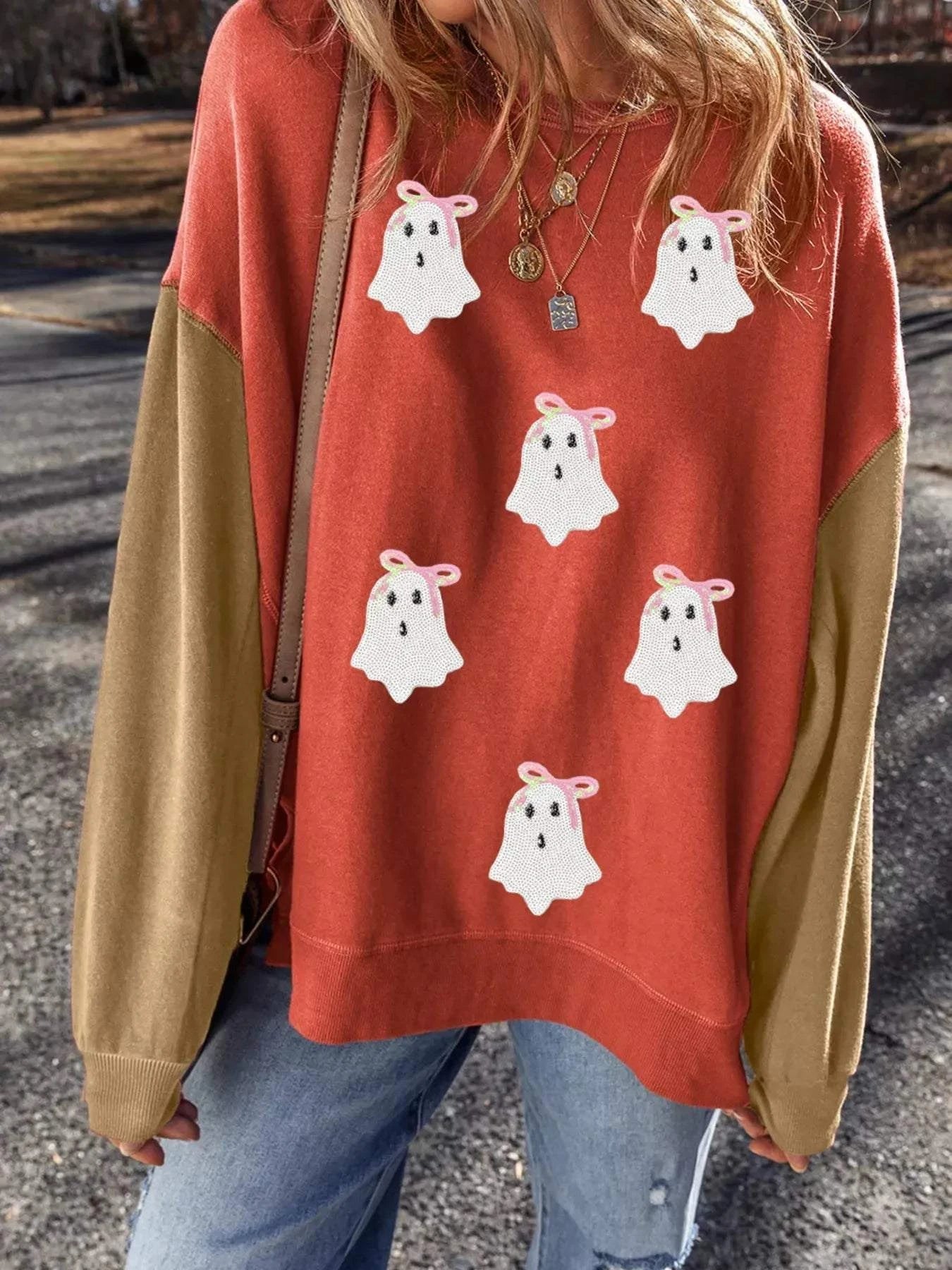 Halloween Glitter Ghost Patched Pattern Color Block Sweatshirt - Rosey's Creations