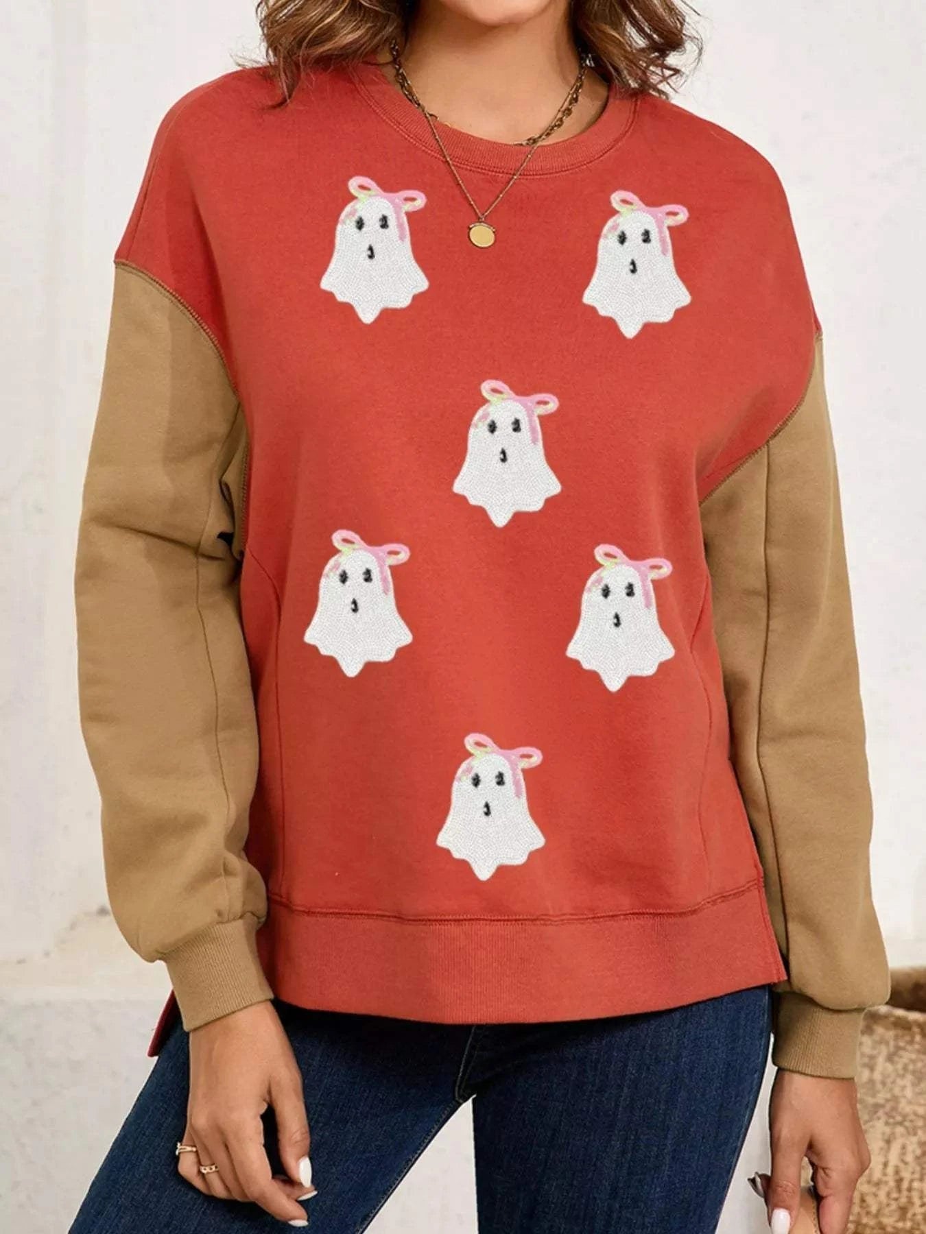 Halloween Glitter Ghost Patched Pattern Color Block Sweatshirt - Rosey's Creations