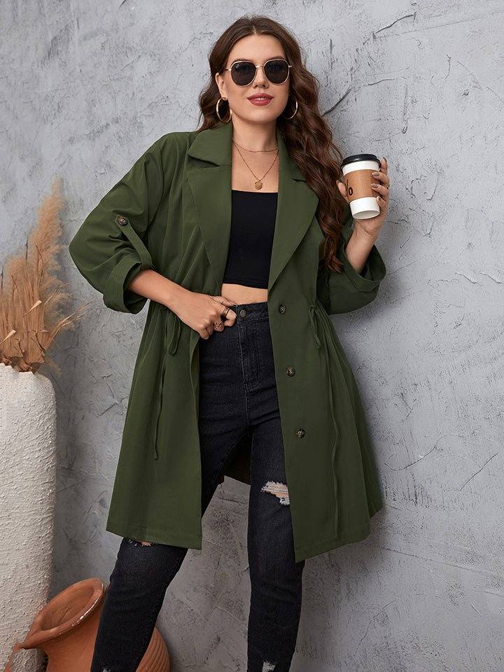 Honey Plus Size Lapel Collar Roll - Tab Sleeve Trench Coat - Rosey's Creations
