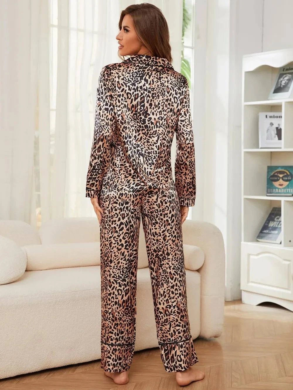 Leopard Button Up Long Sleeve Top and Pants Lounge Set - Rosey's Creations