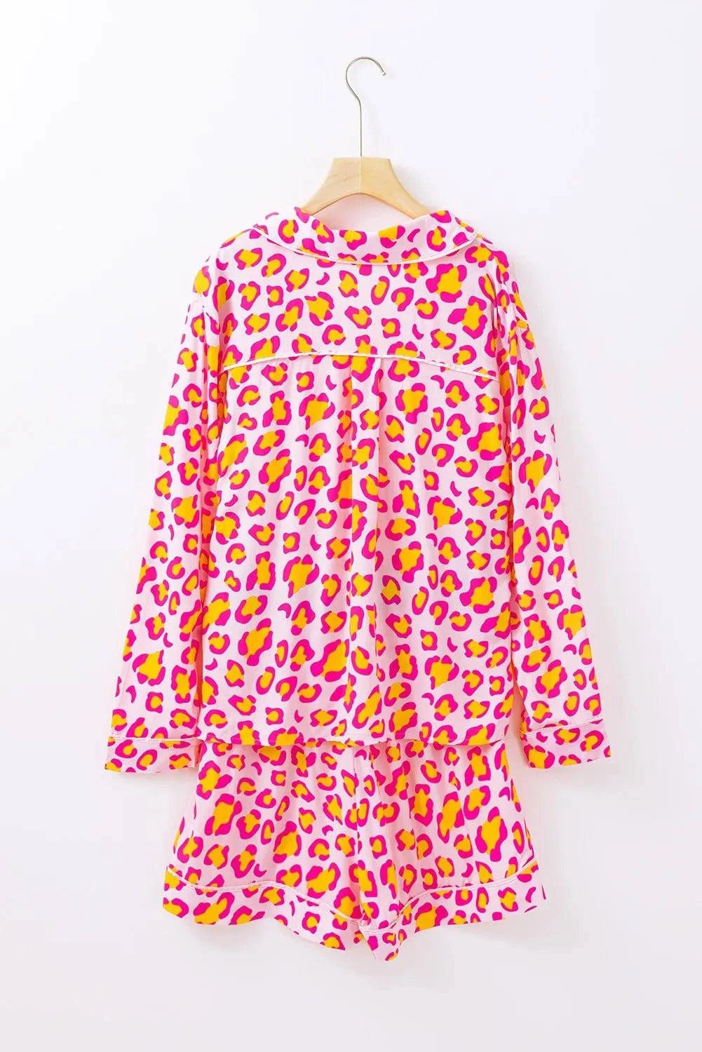 Leopard Collared Neck Long Sleeve Top and Shorts Lounge Set - Rosey's Creations