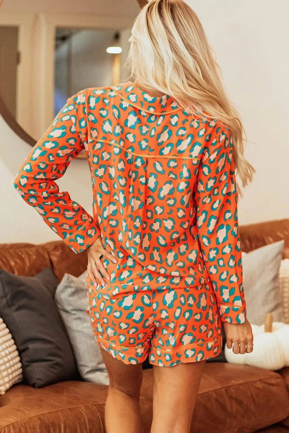 Leopard Collared Neck Long Sleeve Top and Shorts Lounge Set - Rosey's Creations