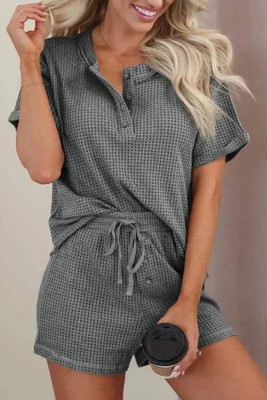 Laurel Green Waffle Knit Buttoned Top and Drawstring Shorts Set Fashionfitz