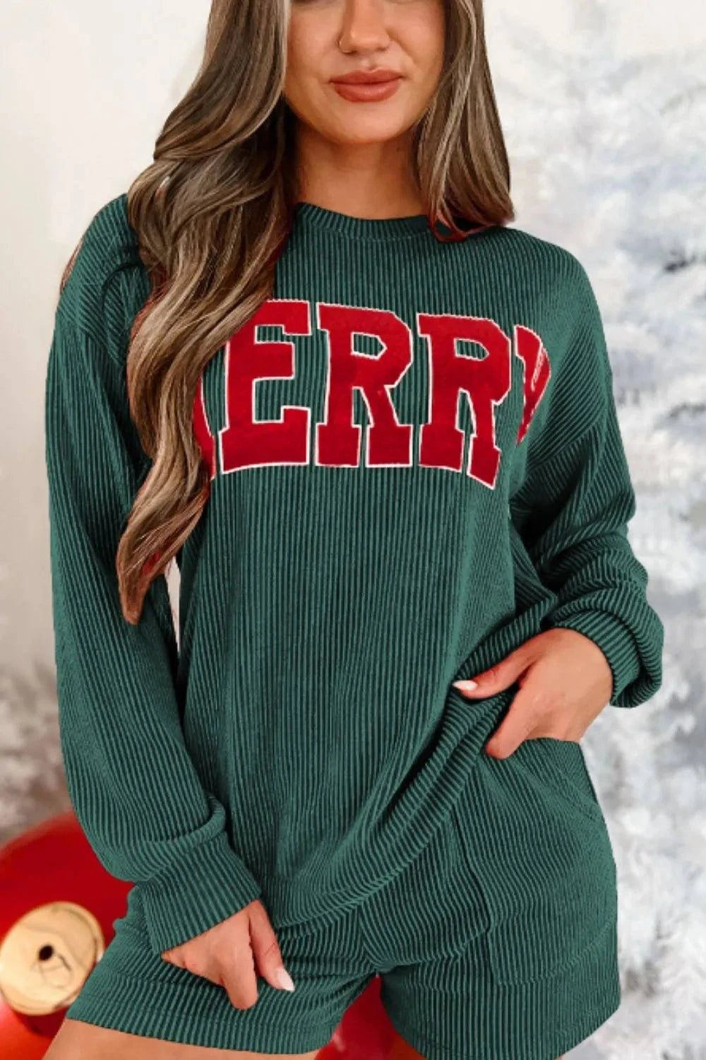 MERRY Round Neck Long Sleeve Top and Shorts Lounge Set - Rosey's Creations