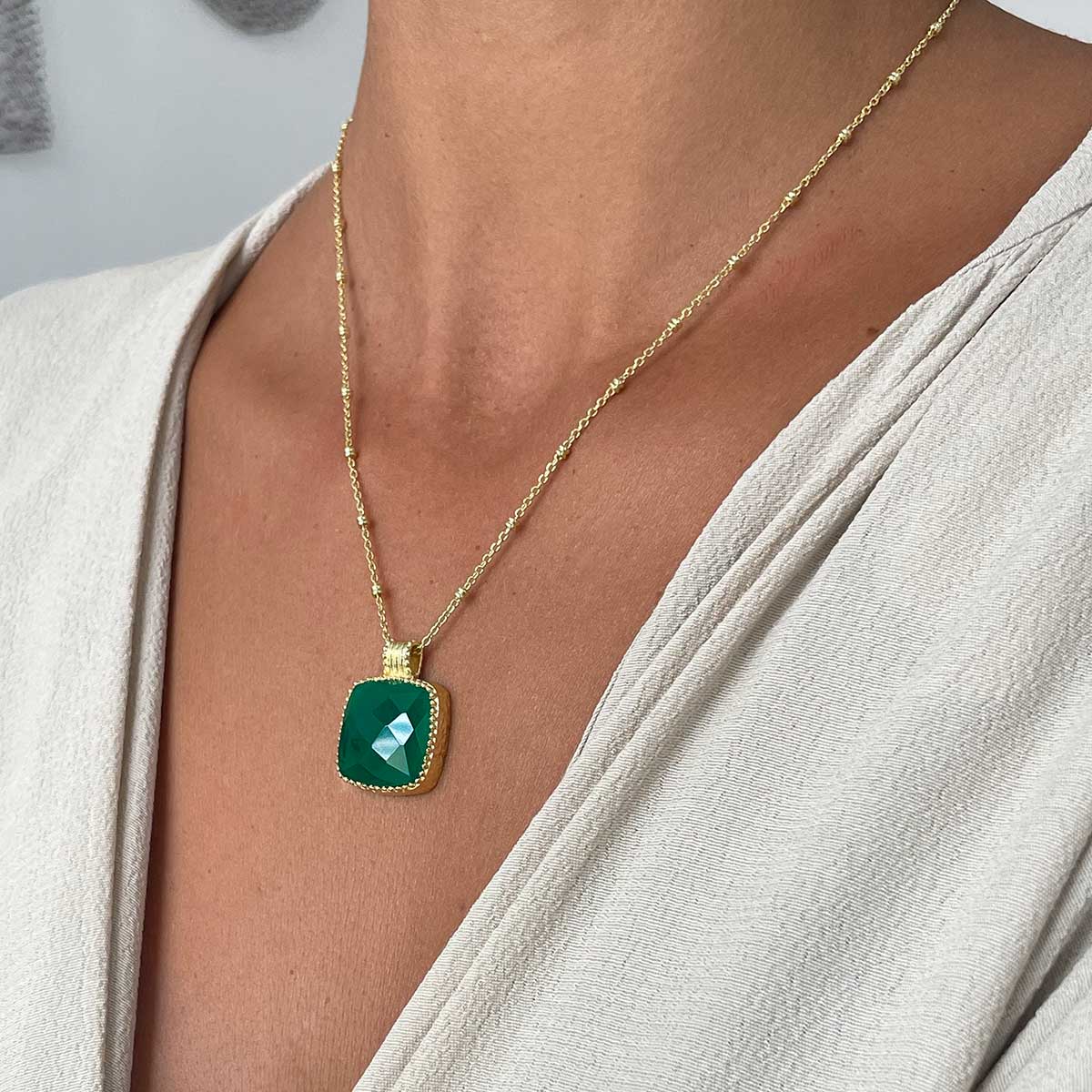 Tetra Large Square Gemstone Pendant Green Onyx Azuni London