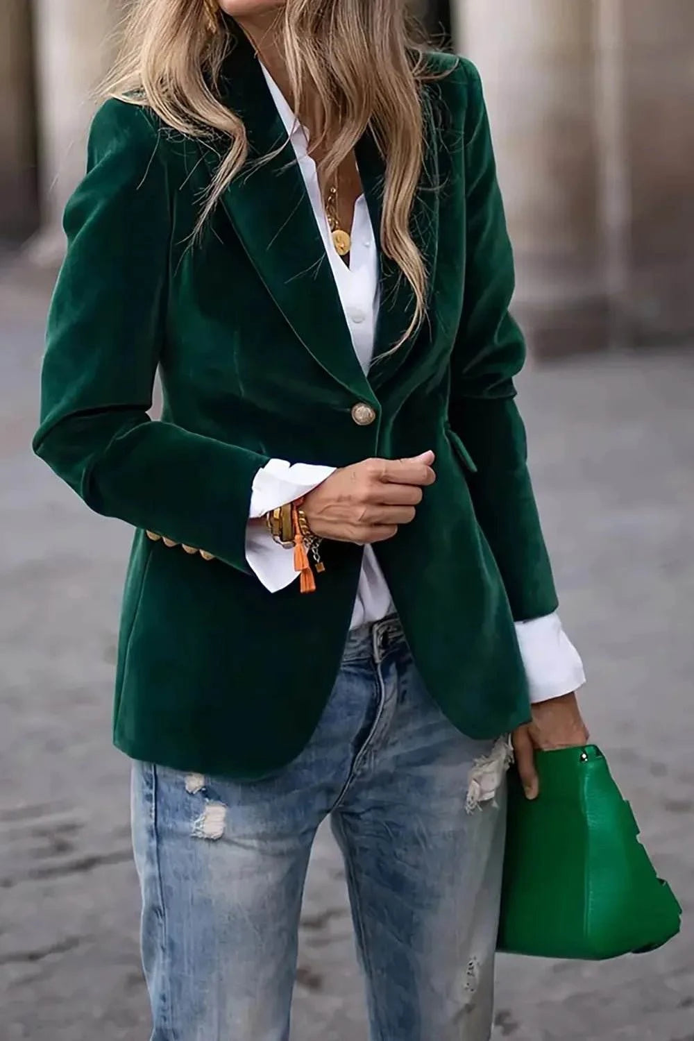 One Button Lapel Collar Long Sleeve Blazer - Rosey's Creations