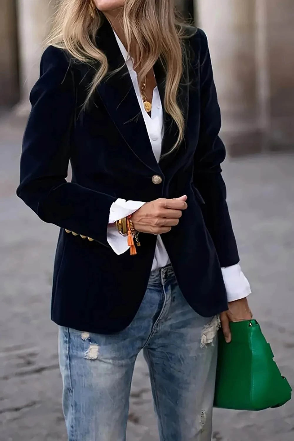One Button Lapel Collar Long Sleeve Blazer - Rosey's Creations
