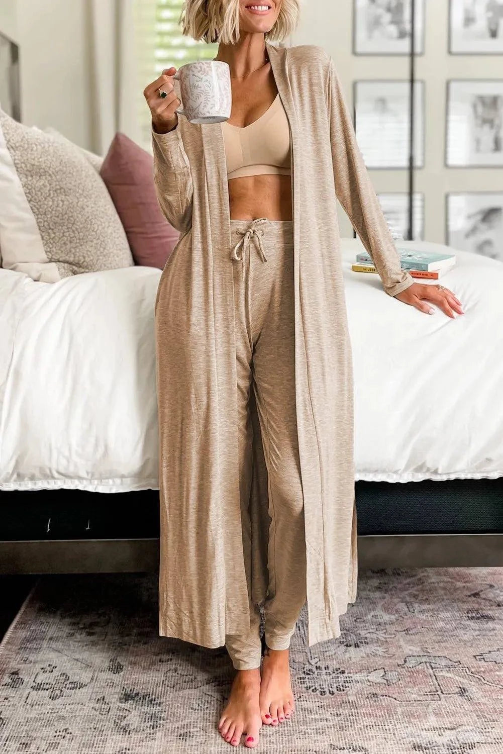 Open Front Long Sleeve Cardigan and Pants Lounge Set - Rosey's Creations