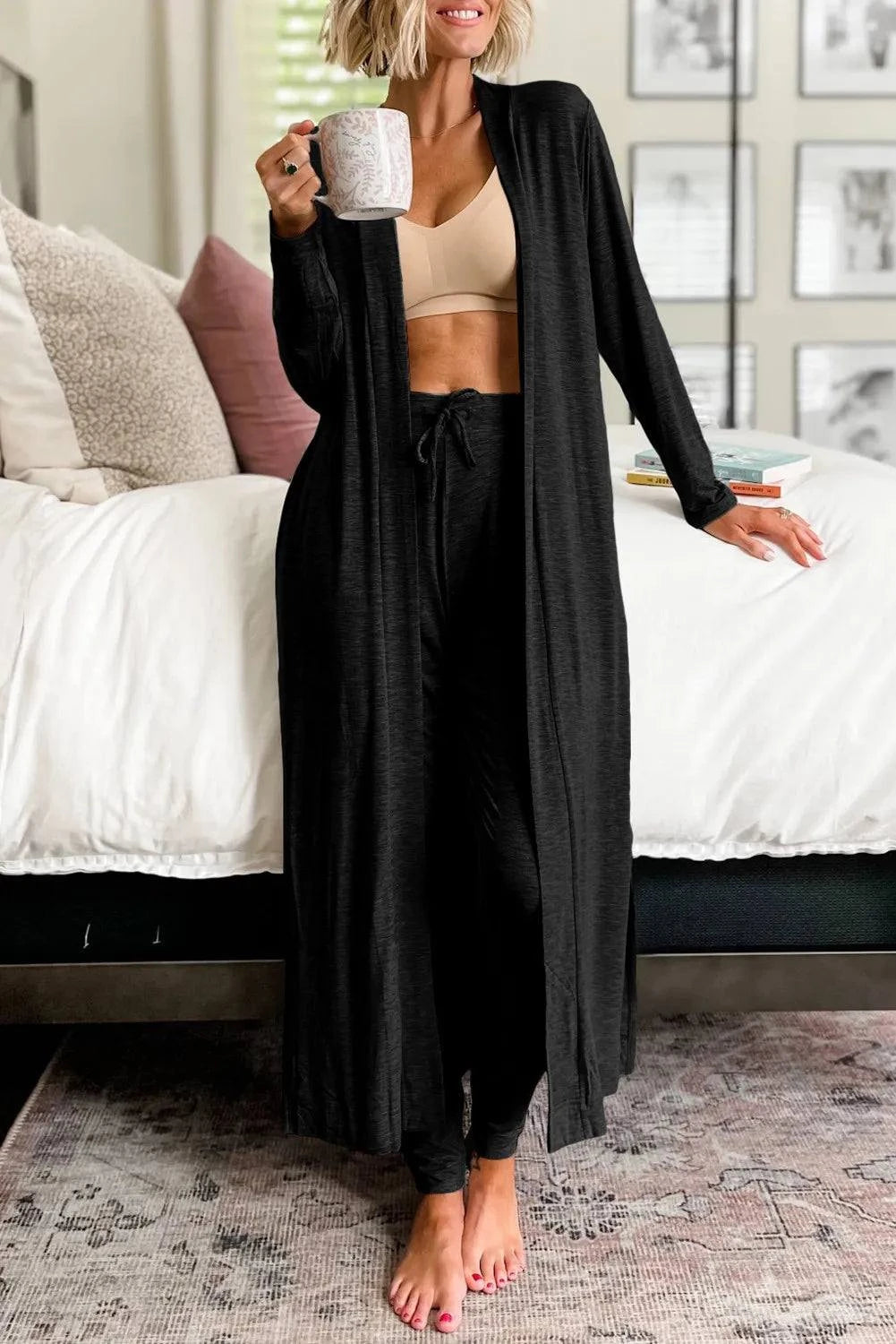Open Front Long Sleeve Cardigan and Pants Lounge Set - Rosey's Creations