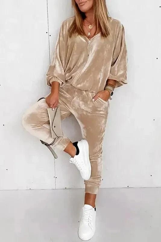 Parchment Velvet Zipped Top and Joggers Two Piece Set.