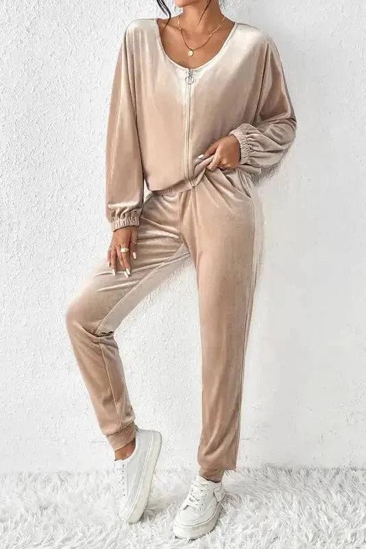 Parchment Velvet Zipped Top and Joggers Two Piece Set.