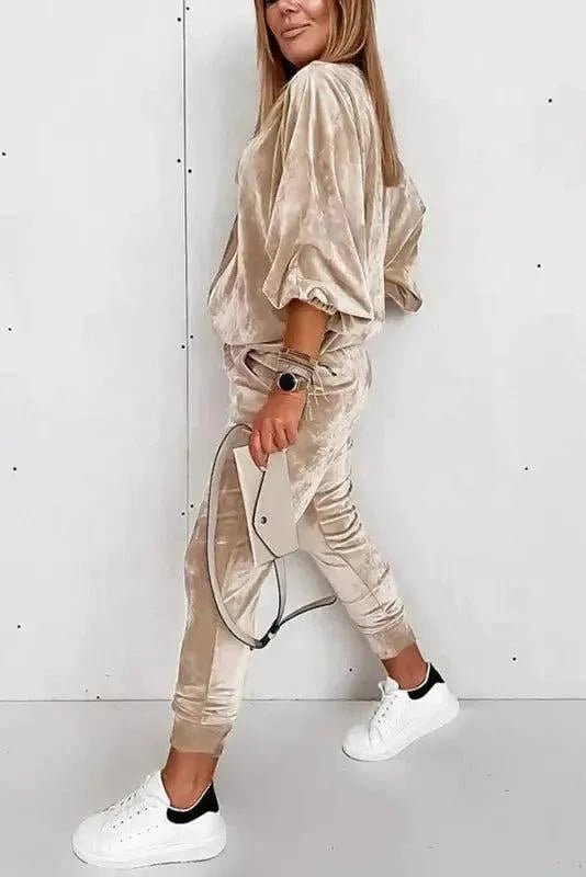 Parchment Velvet Zipped Top and Joggers Two Piece Set.