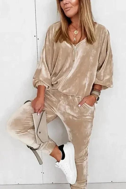 Parchment Velvet Zipped Top and Joggers Two Piece Set.
