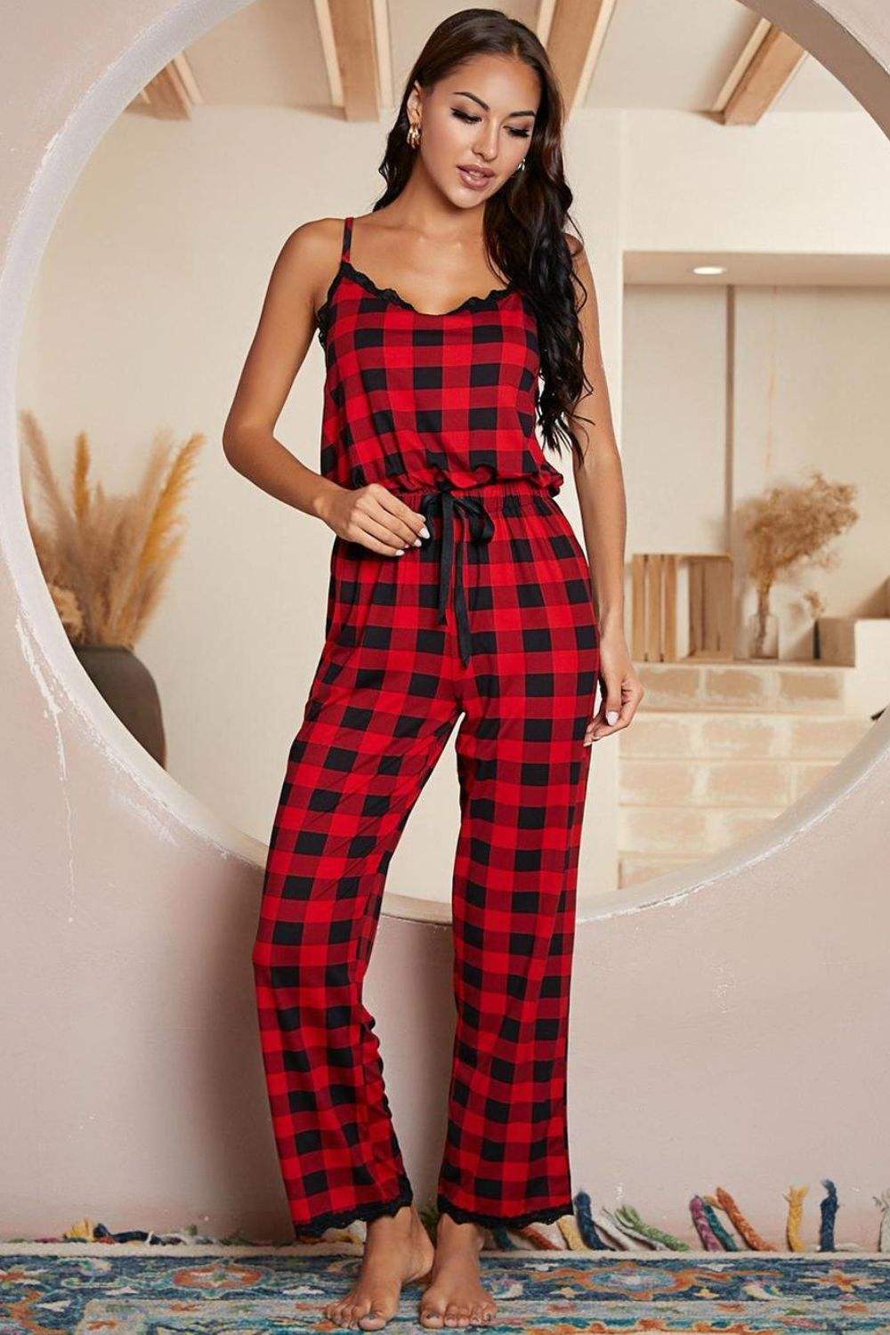 Plaid Lace Trim Spaghetti Strap Jumpsuit - Rosey's Creations