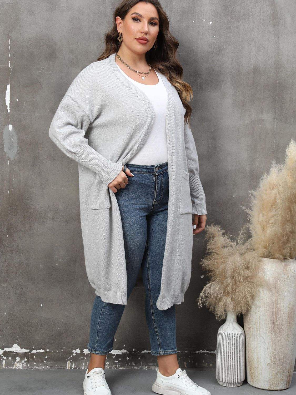 Plus Size Long Sleeve Pocketed Cardigan - Rosey's Creations