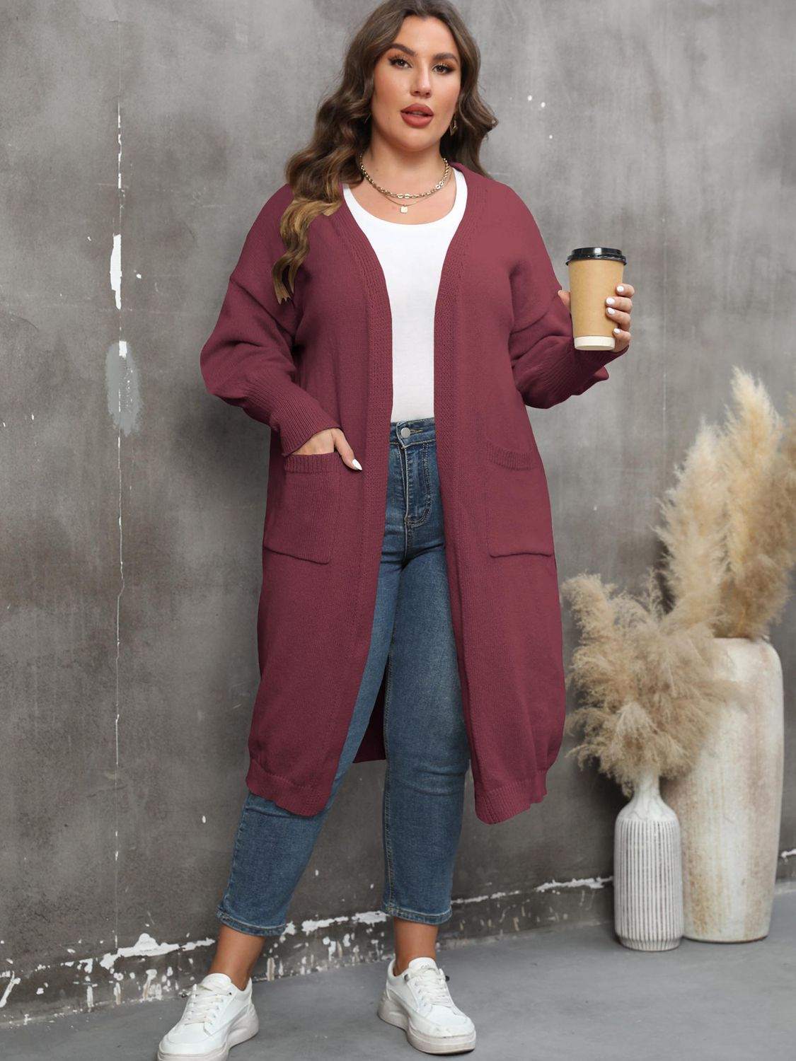 Plus Size Long Sleeve Pocketed Cardigan - Rosey's Creations