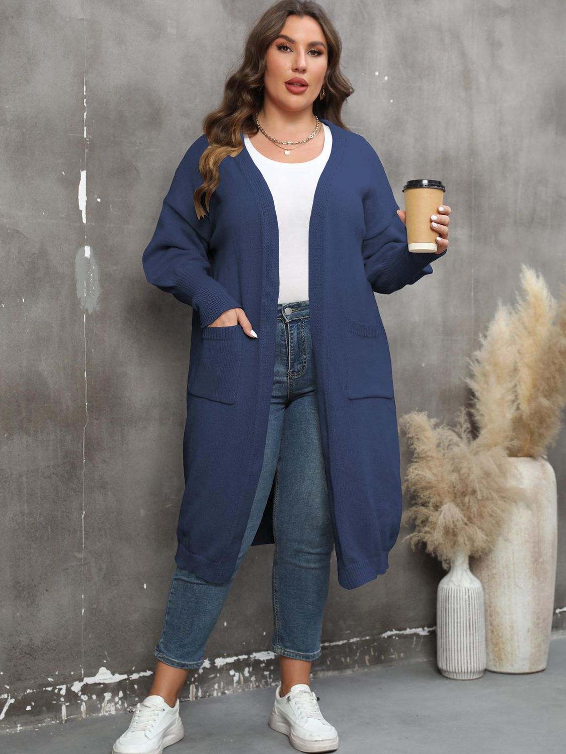 Plus Size Long Sleeve Pocketed Cardigan - Rosey's Creations