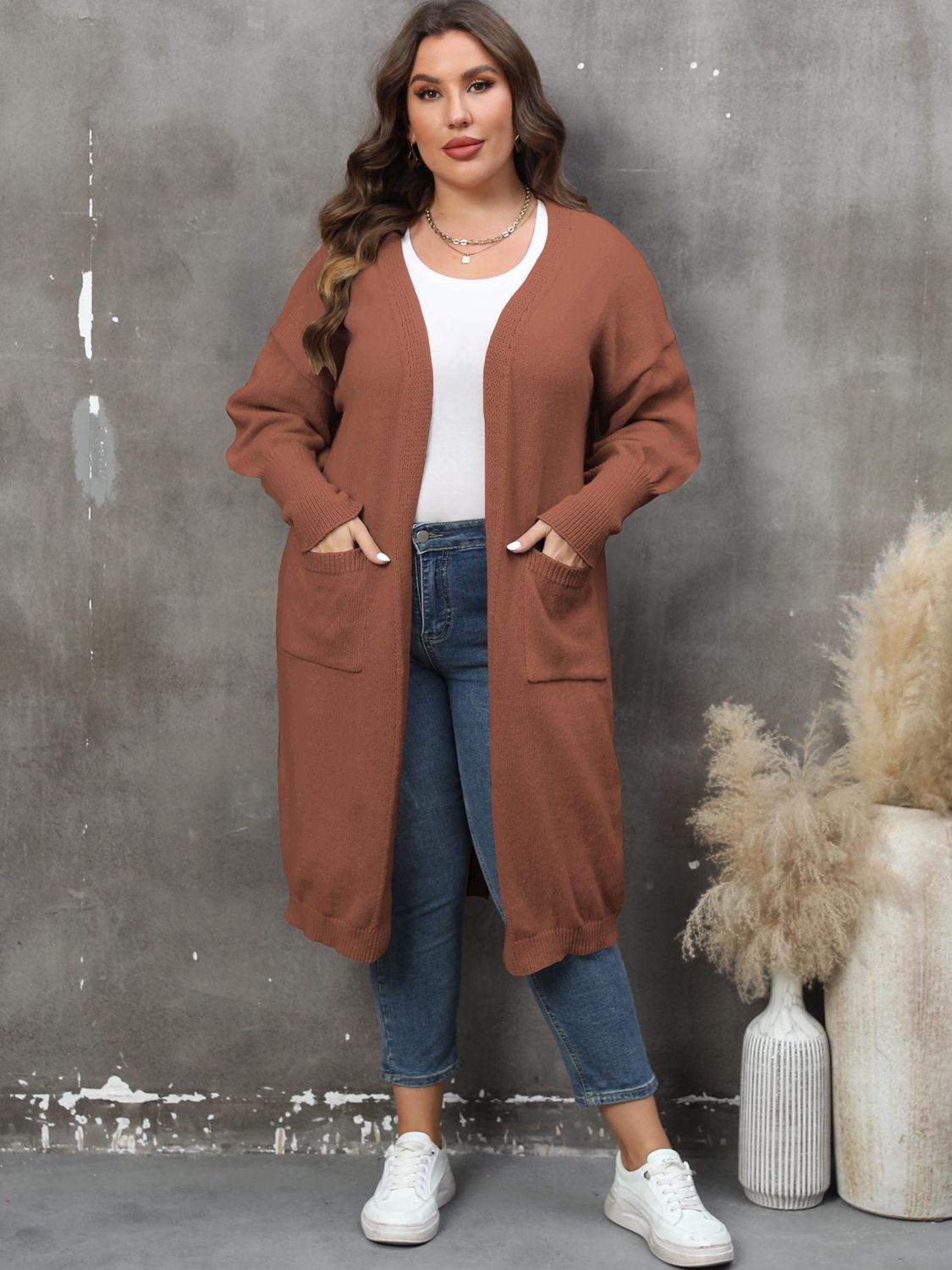 Plus Size Long Sleeve Pocketed Cardigan - Rosey's Creations