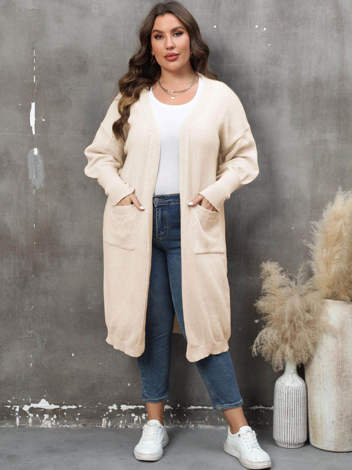 Plus Size Long Sleeve Pocketed Cardigan - Rosey's Creations
