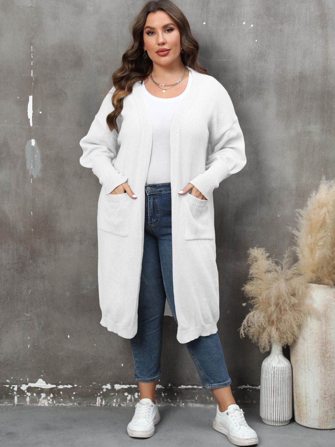 Plus Size Long Sleeve Pocketed Cardigan - Rosey's Creations