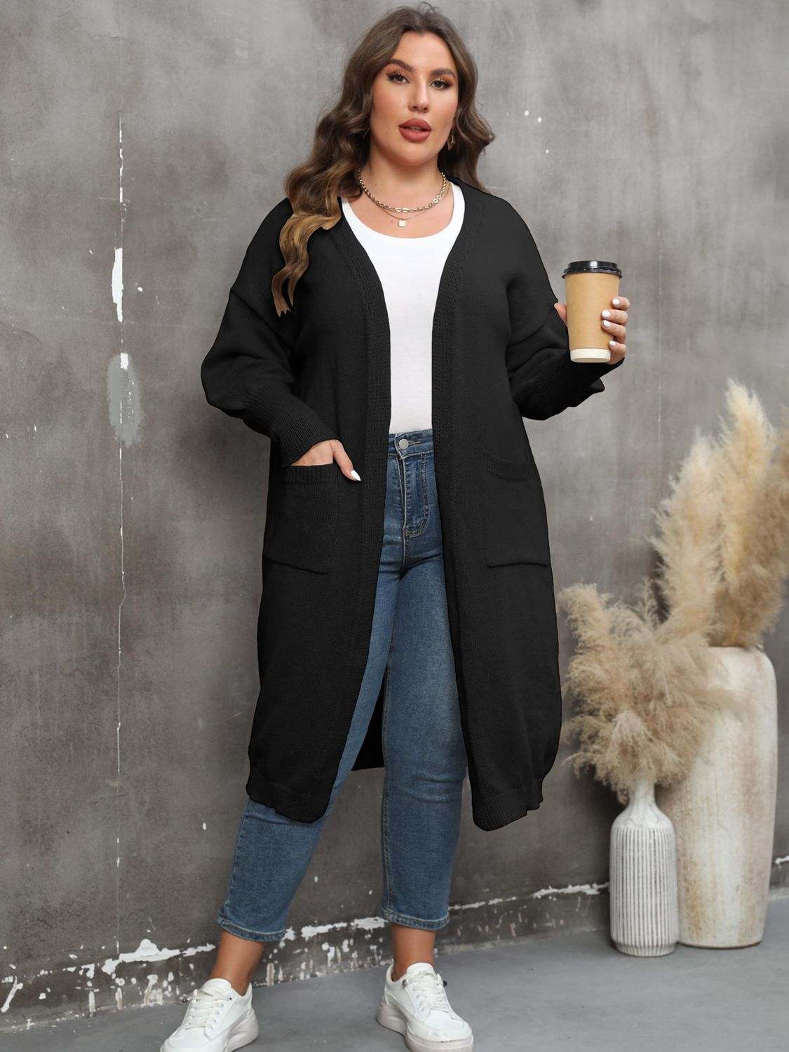 Plus Size Long Sleeve Pocketed Cardigan - Rosey's Creations