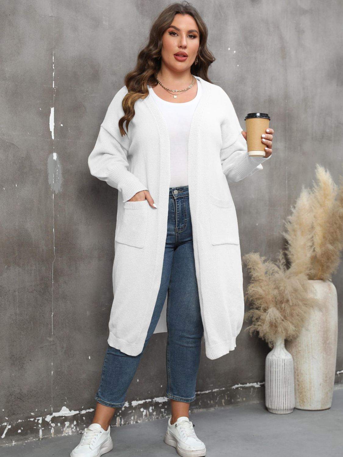 Plus Size Long Sleeve Pocketed Cardigan - Rosey's Creations