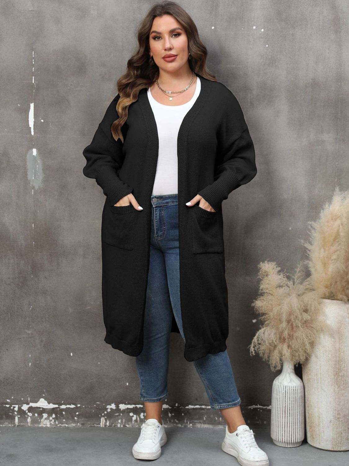 Plus Size Long Sleeve Pocketed Cardigan - Rosey's Creations