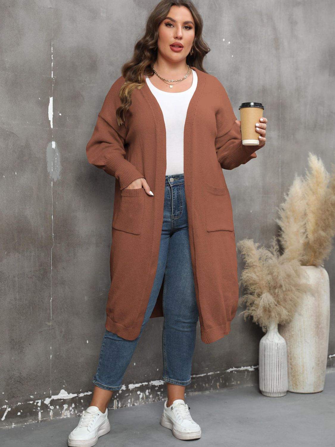 Plus Size Long Sleeve Pocketed Cardigan - Rosey's Creations