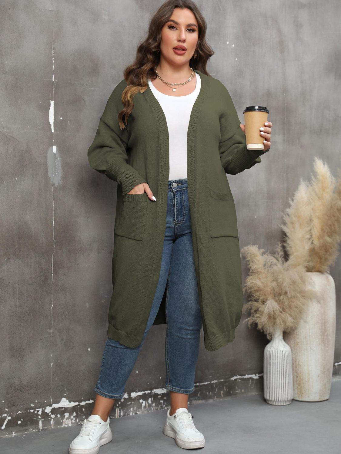 Plus Size Long Sleeve Pocketed Cardigan - Rosey's Creations