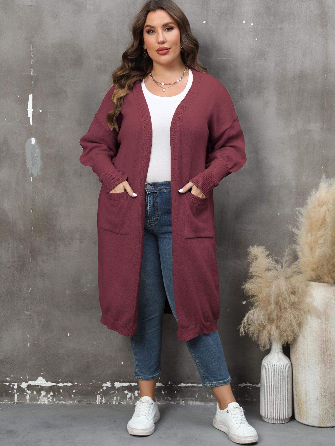 Plus Size Long Sleeve Pocketed Cardigan - Rosey's Creations
