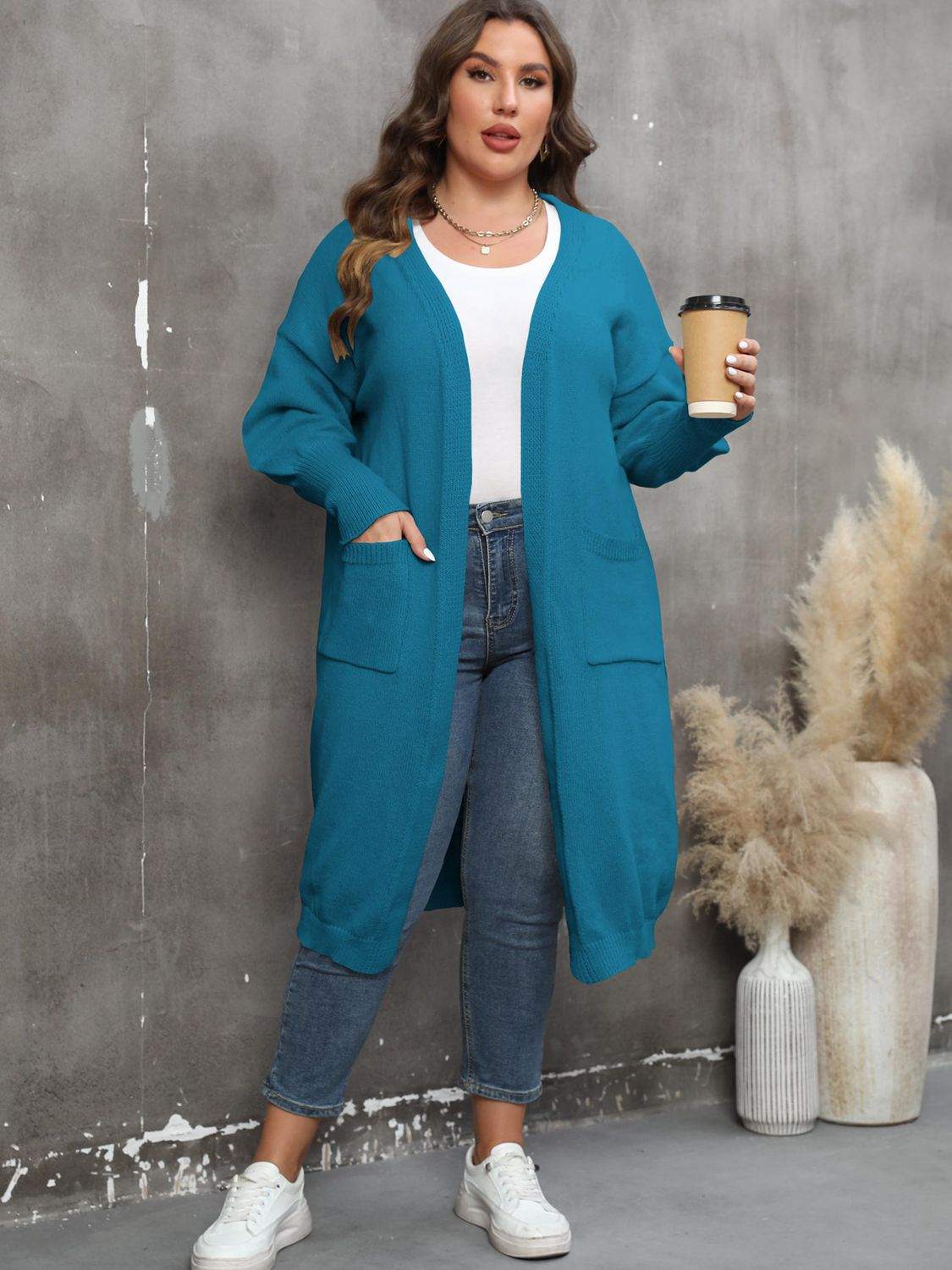 Plus Size Long Sleeve Pocketed Cardigan - Rosey's Creations