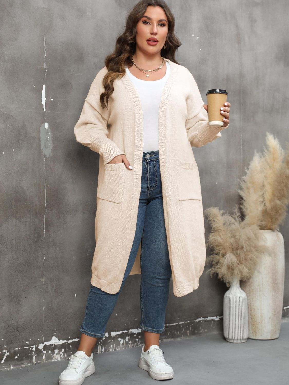 Plus Size Long Sleeve Pocketed Cardigan - Rosey's Creations