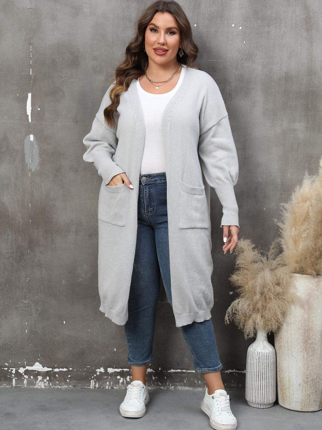 Plus Size Long Sleeve Pocketed Cardigan - Rosey's Creations
