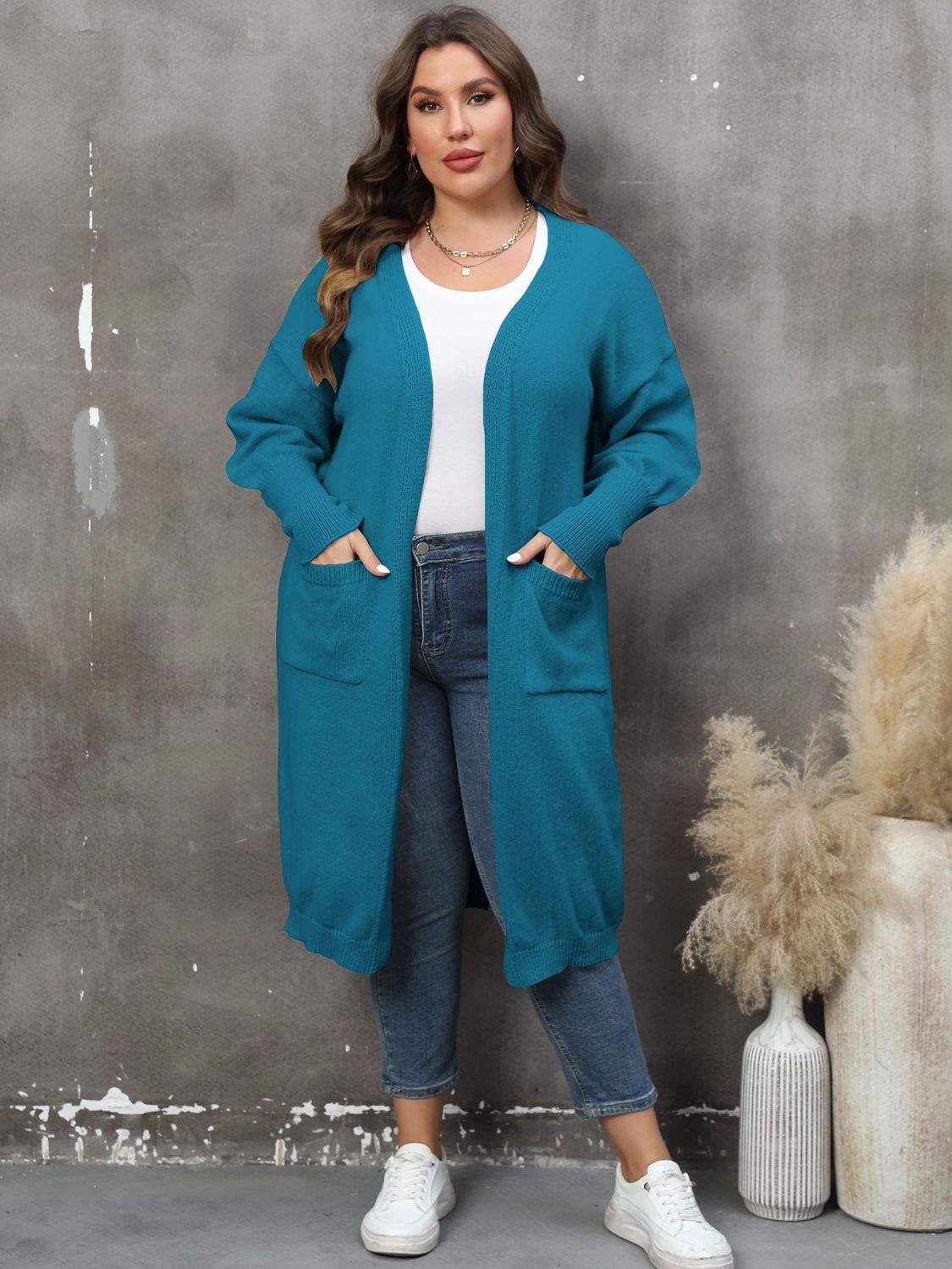 Plus Size Long Sleeve Pocketed Cardigan - Rosey's Creations