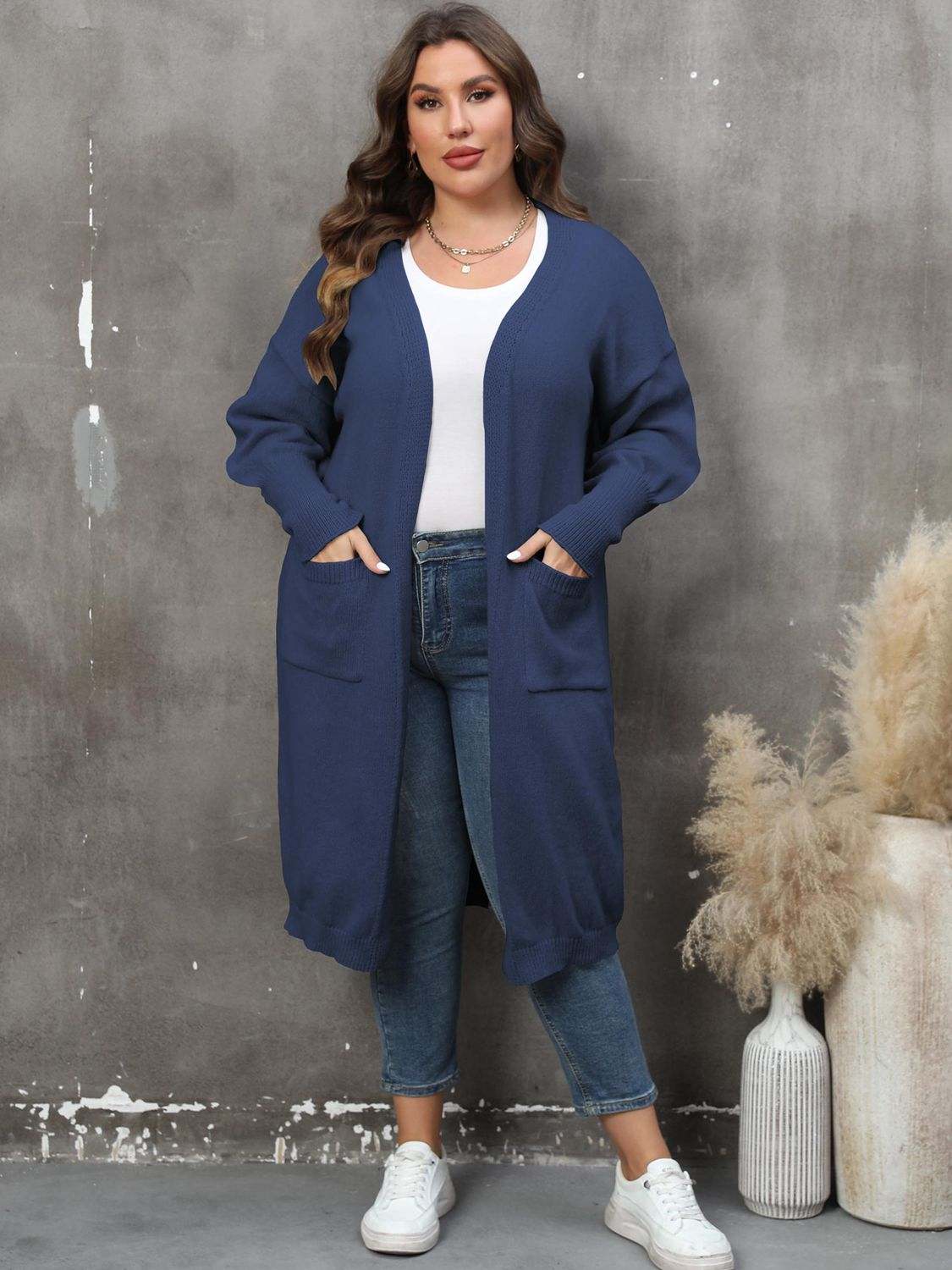 Plus Size Long Sleeve Pocketed Cardigan - Rosey's Creations